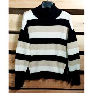 DKNY Womens XS Sweater Cream Tan Black Knit Stripes Lightweight Soft Comfy Mom